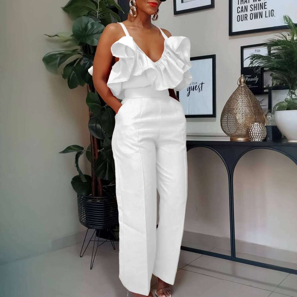 Women Two Pieces Set V Neck Strap Crop Tops Ruffles High Waist Pants Sexy Female Suit Summer Fashion Party New 2025