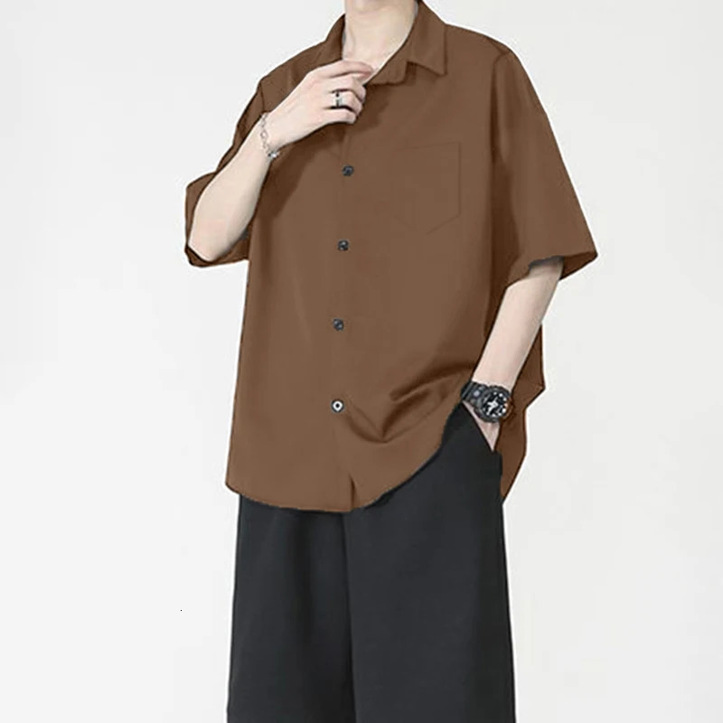 Shirt Mens Summer Ice Silk Short-Sleeved Drapey High-End Loose Casual Solid Color Shirt for Men 250605