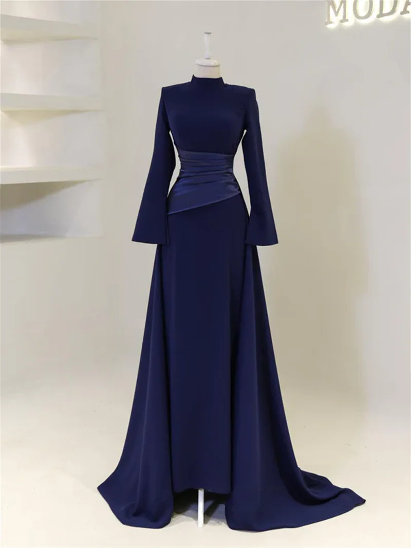 Modest Crepe Long Evening Dresses Muslim High Collar Satin Pleats Sheath Prom Dresses Full Sleeves Formal Prom Gowns Customized