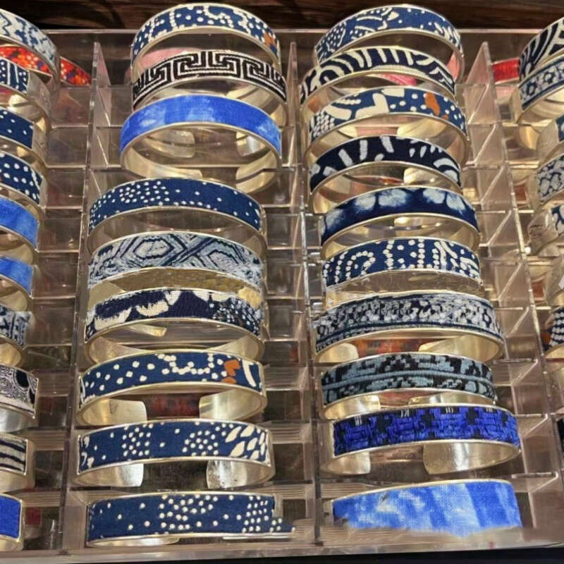 DHcollections Batik Plant Grass Dye Blue and White Miao Sier Open Bracelet Ethnic Style Jewelry