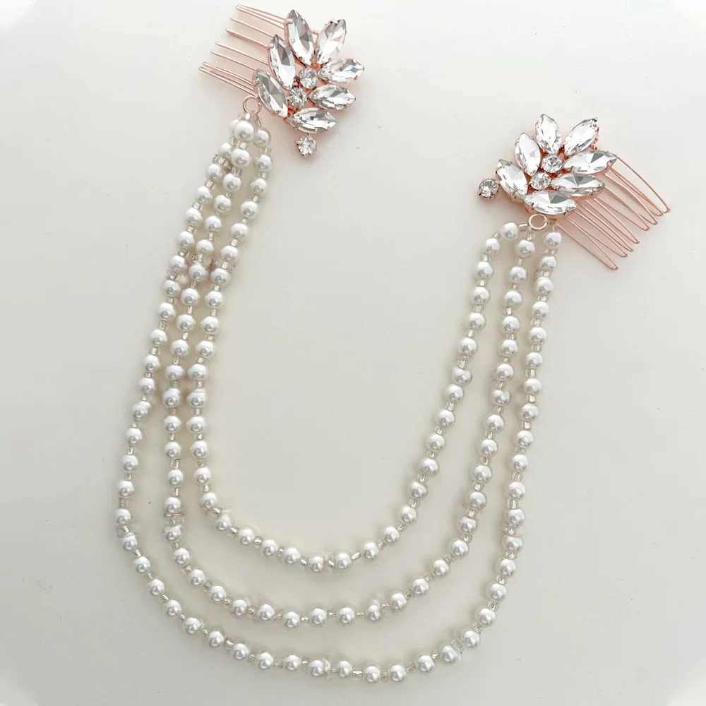 New Multi-layer Pearl Hair Chain Womens Simple Retro Bridal Wedding Headpiece High-end Fashion Rhinestone Plug Comb Z250605