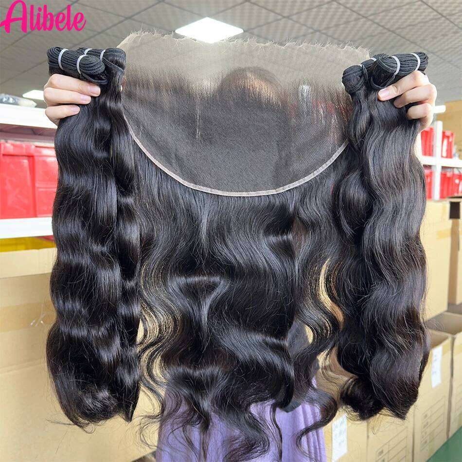 Alibele HD Brazilian Body Wave 13x6 Lace Front Long Hair Weave Bundles With Frontal