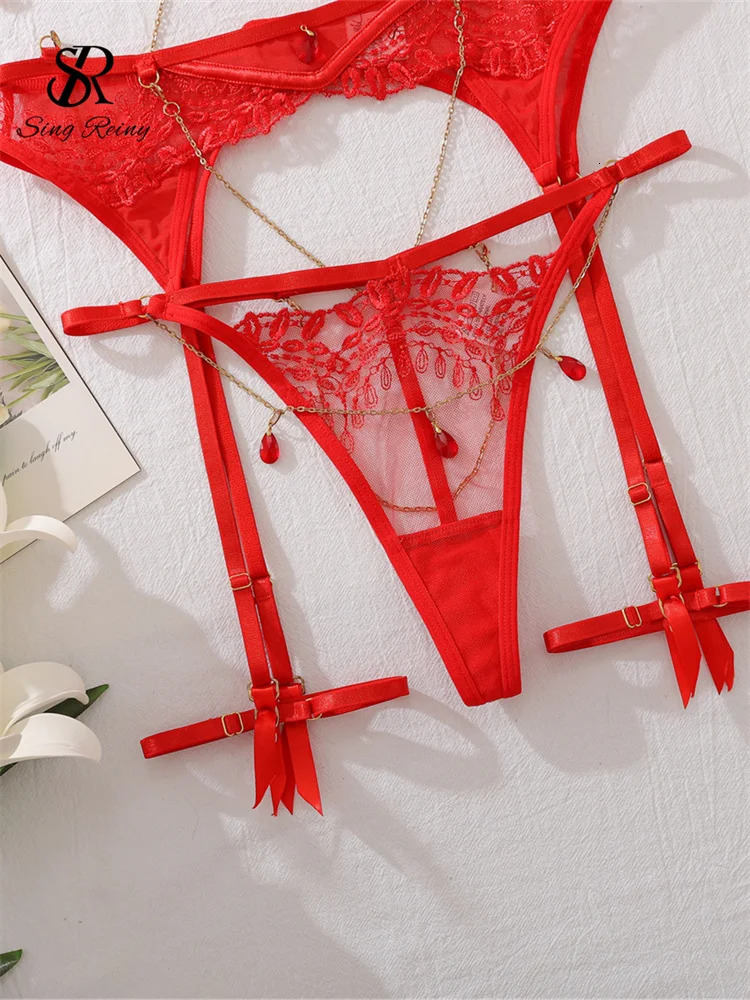SINGREINY Chain Halter Sensual Underwear Sets Sexuality Garter Skinny Shapewear Women Lingerie Spliced Sheer Erotic Bra Suits 250603