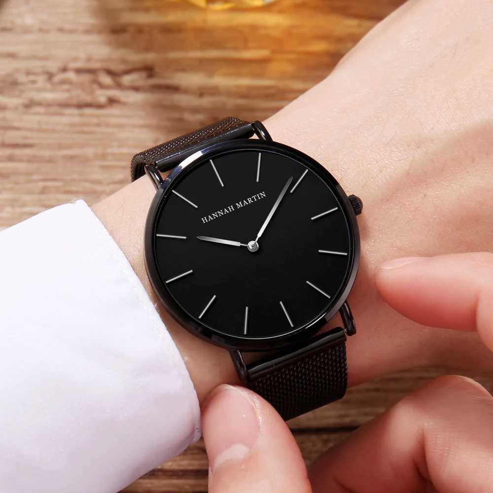 Japanese Quartz Movement Men Stainless Steel Mesh Watch Hannah Martin Brand Original Simple Casual Business Style Men Wristwatch Y250605