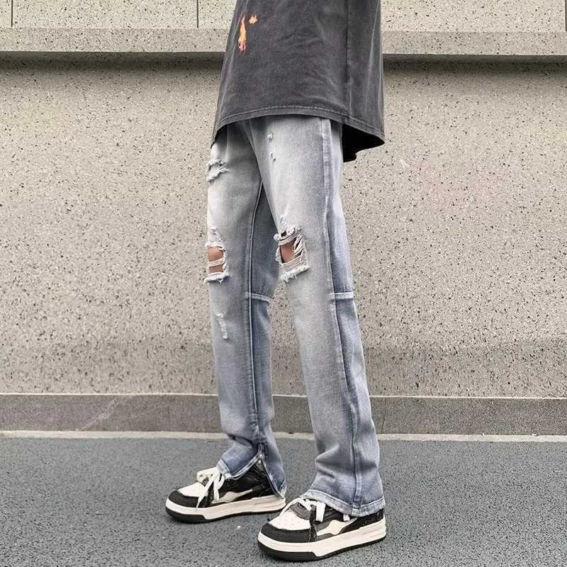 Summer Mens Ripped Jeans Blue Loose Fit Hole Wide-leg Pants Casual Fashion Trousers Streetwear Denim Mens CloTHing Z250605