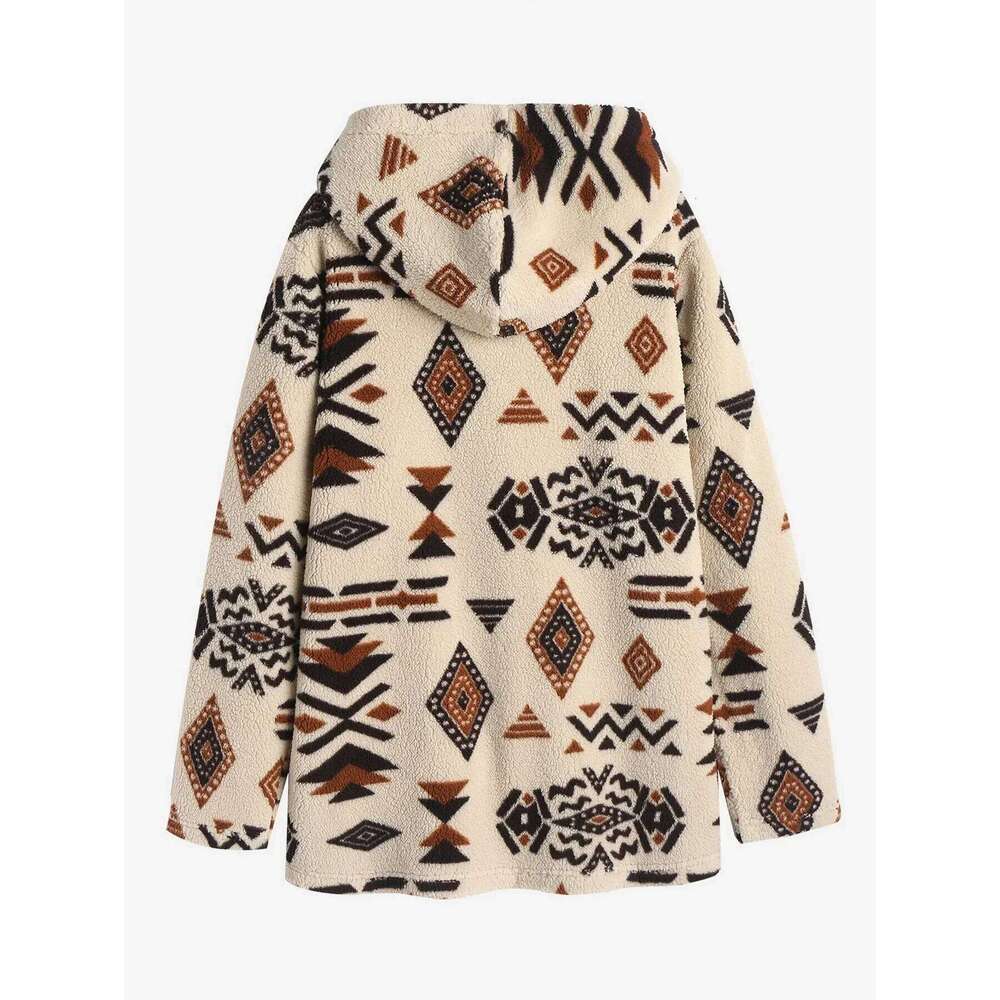ZAFUL Women's Hooded Ethnic Style Pockets Long Tribal Geo Aztec Printed Fluffy Teddy Coat fur New coats outerwears 2024 Winter