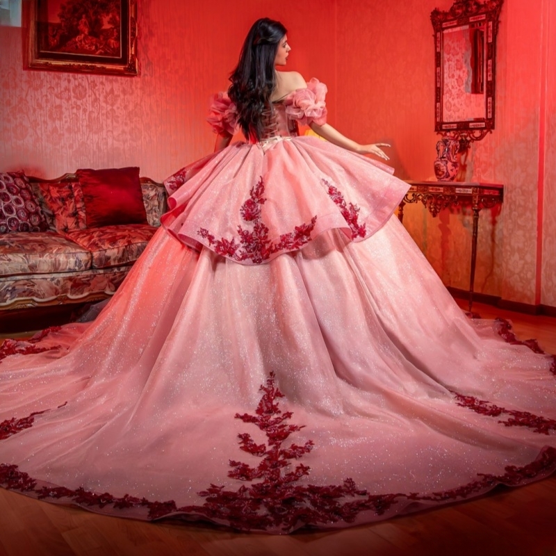 Pink Shiny Off The Shoulder Ball Gown Quinceanera Dresses Appliques Lace Beading Crystal Tull Sweet 16 Dress vestidos 15 de anos
