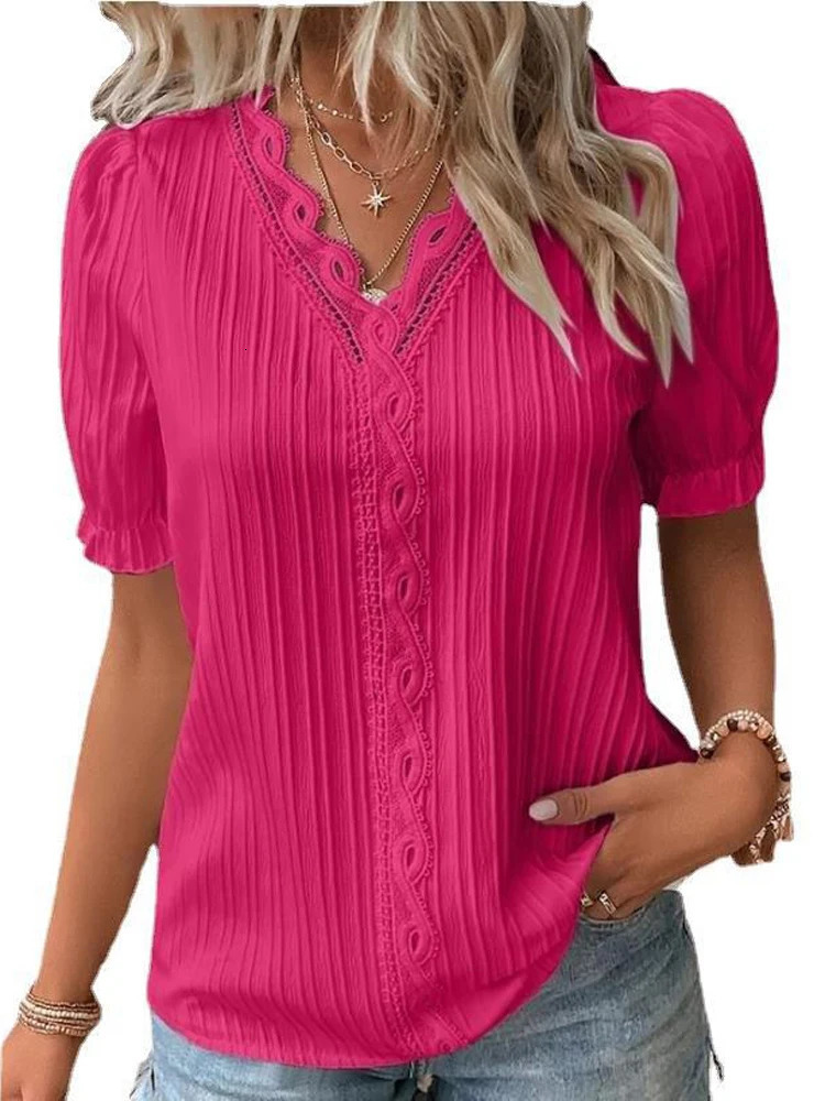 Womens Summer Top Solid Sexy V-Neck Hollow Short Sleeve Shirt Fashion Splice Plus Size Blouse Loose Street Apparel 250605
