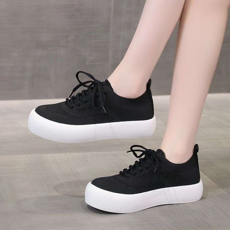 Mesh Breathable White Sneakers Summer New Versatile Fashion Flyknit Thick Sole Sports Casual Shoes Lace Up Single Shoes For Women Ddmysaturn