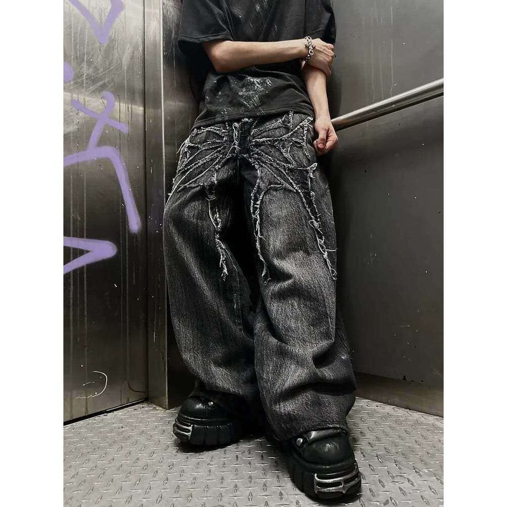 Y2K Dark Punk Embroidered Frayed Patch Wide-Leg Pants Street Loose Long Jeans