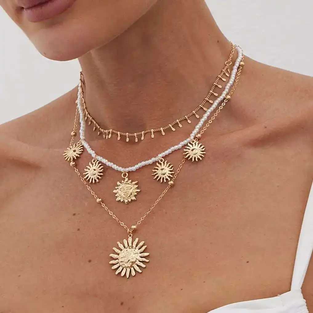 Ingemark Vintage Plastic Beads Chain Necklace for Women New Trend 2025 Goth Sunflower Pendant Choker Necklace Party Jewelry Gift Y250605