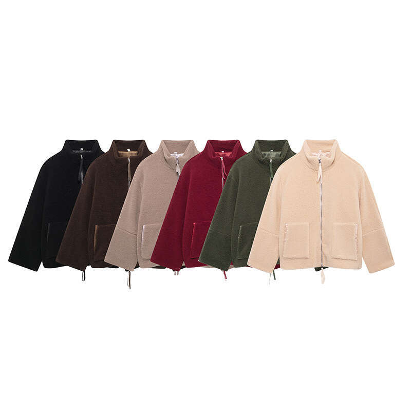 Women's Fashion Autumn Winter Color Block Stand Collar Resin Zipper Warm Faux Shearling Jacket B5