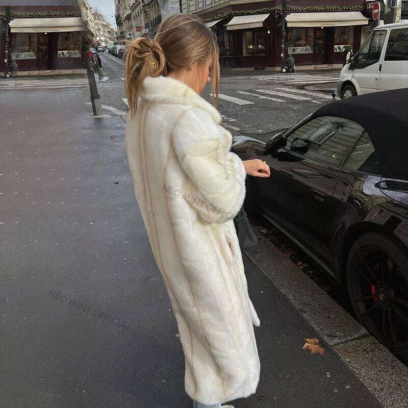 Neo Mint 2024 Winter Quality Long Faux Mink Coat Women High Street Furry Fur Jacket Brand Outerwear Overcoat