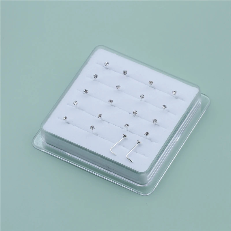 20PCS/Box Sterling L Shape Nose Stud Ring 2mm Clear Crystal Nose Piercing Body Jewelry 250605