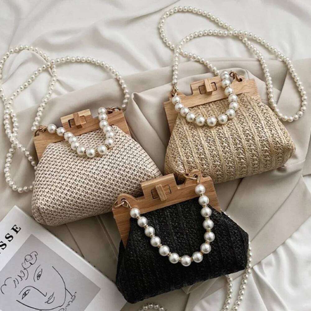 Summer Wooden Rattan Shoulder Brand Crossbody Nice Pearl Chain Straw Bag Hand-Woven Handbags Women 2025