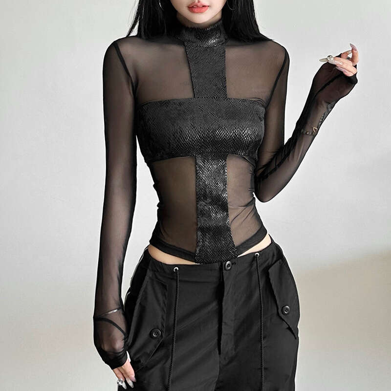 Autumn Winter New Women's Fashion Trendy Hot Girl Mesh See-Through Round Neck Slim Fit Top B5