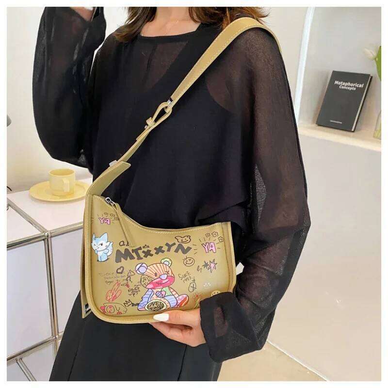 Simple Design Shoulder Woman Cartoon Graffiti PU Leather Crossbody Bag Fashion Trend Cute High Quality Famous Brand Handbag