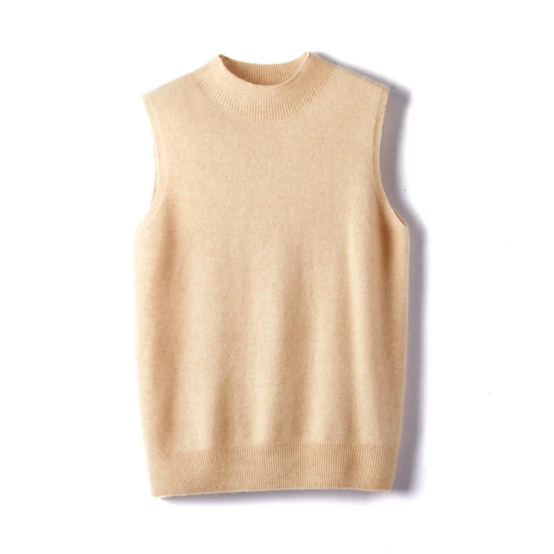 Pure Wool Sleeveless Mock Neck Sweater Womens Solid Color Knitting Basic Top Pullover Cashmere Clothes 250530