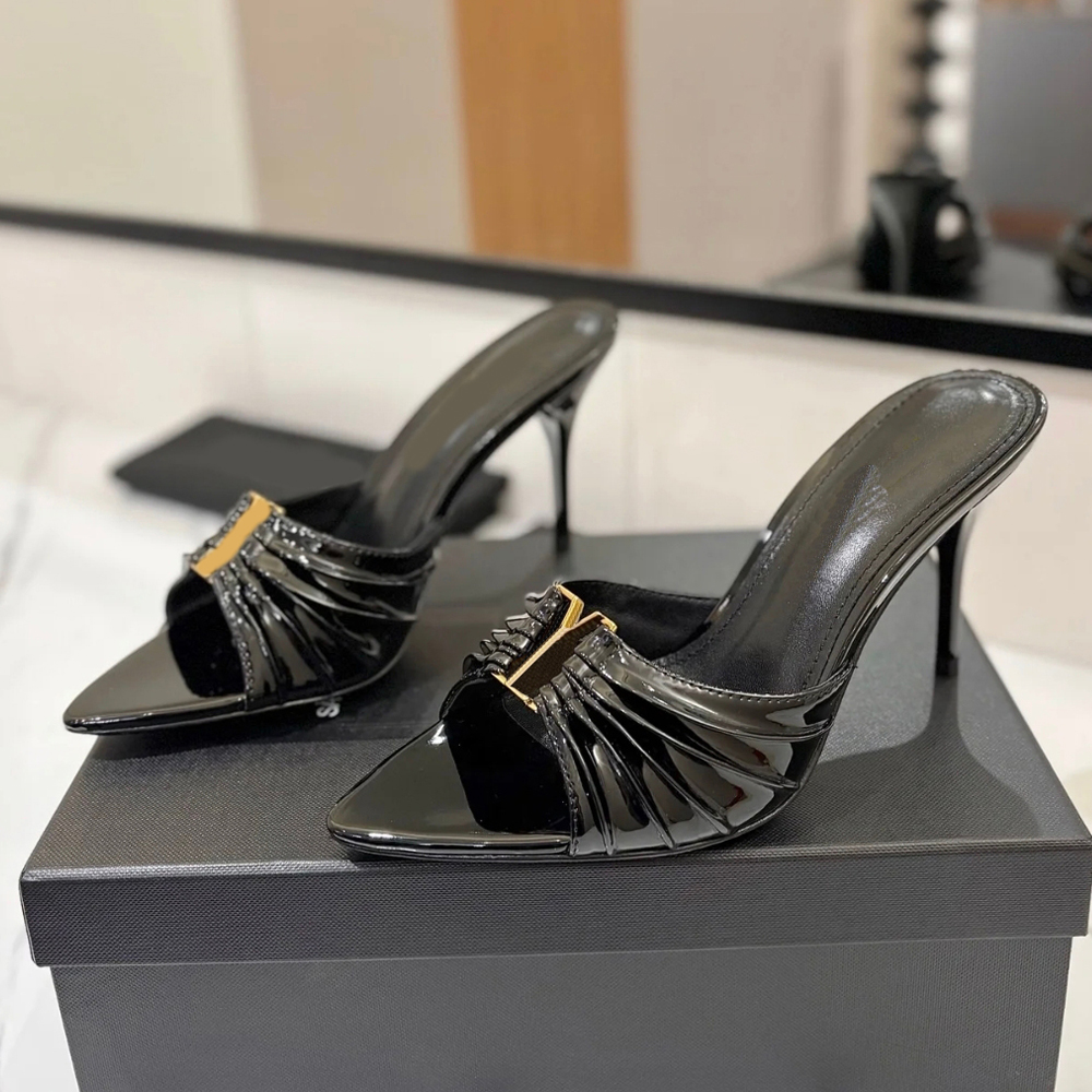 New Pleated Stiletto Heel mules Slippers 9cm Metal buckle decoration slip-on open toe Genuine Leather women Luxury Designers sandals factory footwear