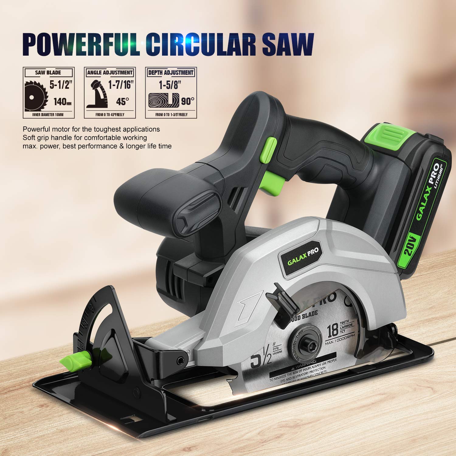 GALAX PRO Circular Saw, 140mm Cordless Circular Saw 20V with 2 Blades (18T+48T), 3800RPM Variable Speed, Includes 2.0Ah Lithium Battery and Charger