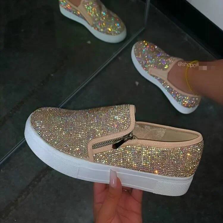 Ddmyoutdoor Women Bling Flats Sequins Crystal Studded Slip On Lazy Loafer Flat Round Toe Rhinestone Shoes Fashion Female Sneakers Bv Outdoor Shoes