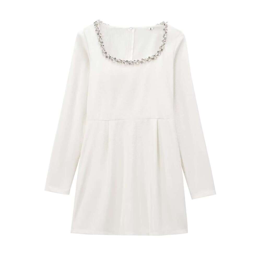 Women's Autumn Winter New Rhinestone Embellished Long Sleeve French Waist-Cinching Elegant Velvet Mini Dress B5