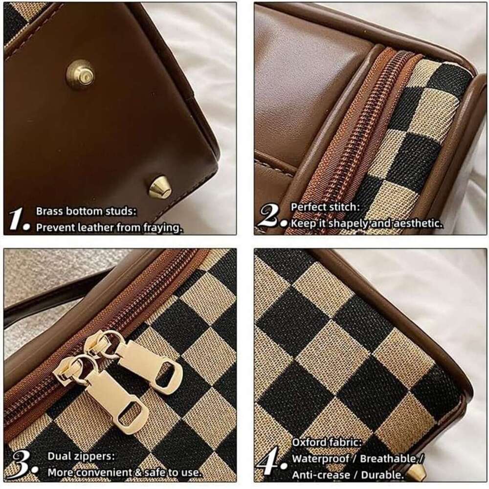 Portable Plaid Fashion Large Capacity Patchwork Toiletry Handheld Zipper Makeup Storage Bag