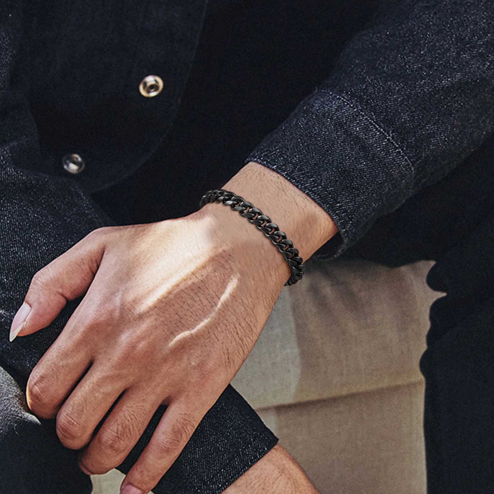 Black Miami Curb Chain Bracelet for Men 6-12MM Chunky Stainless Steel Cuban Link Chain Wristband Stylish Punk Male Jewelry W250606
