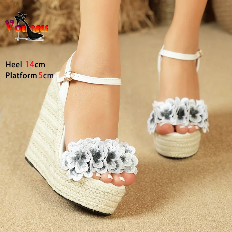 Women Sexy Wedge Sandals with Flower Sexy 14cm Fashion Simple Slope Heel Waterproof Platform Hemp rope woven bottom Car Sandals 250605