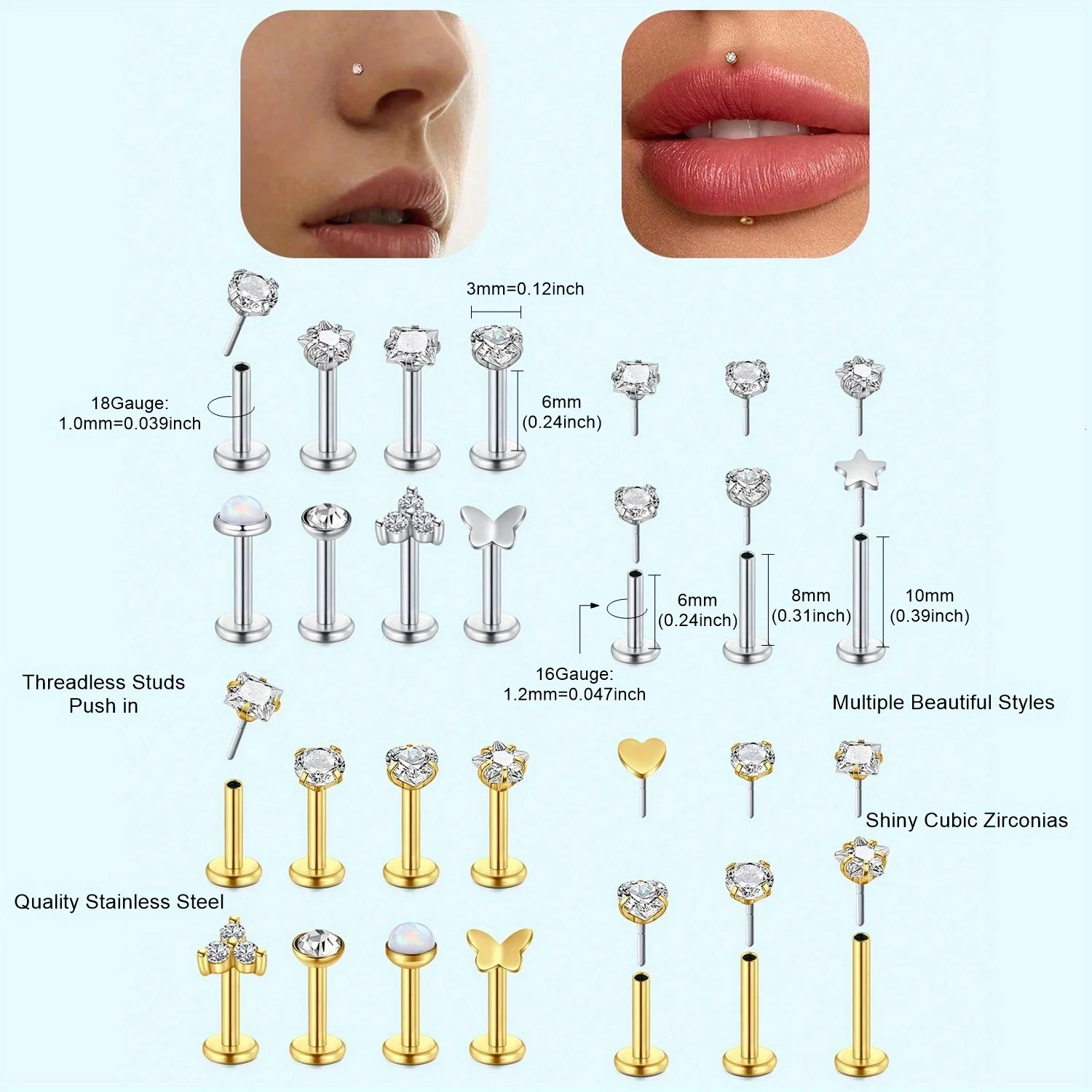 16G 18G Push in Threadless Nose Rings Studs Hypoallergenic Flat Back Nose Piercing 304 Stainless Steel Piercing Jewelry 250605