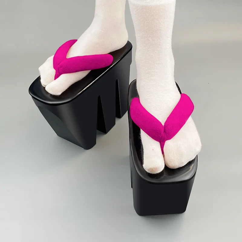 Japanese Geta Wooden Slippers Cos Flip-flops Sandals Clogs Mens And Womens PVC High-tooth Geisha Shoes height 14cm 250604