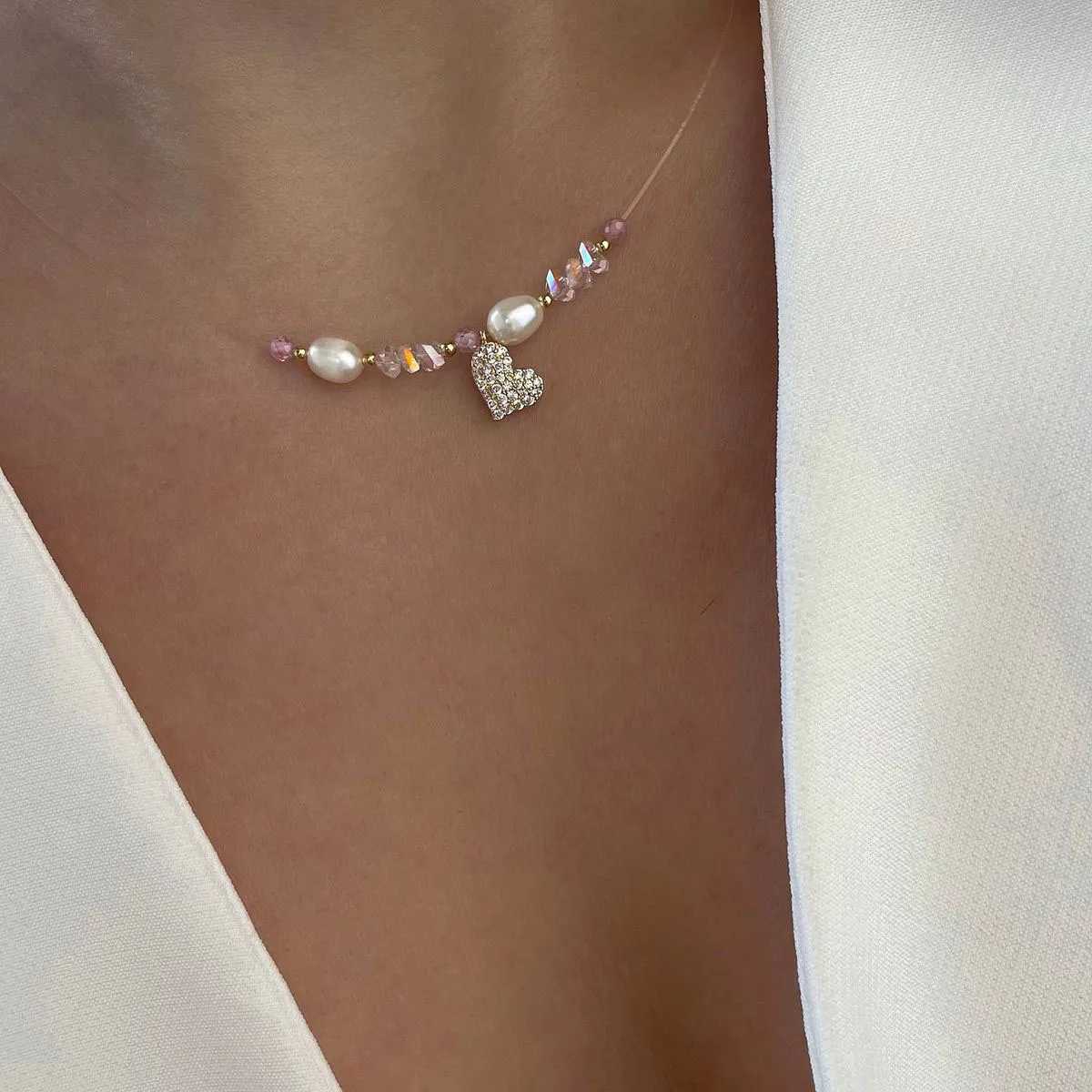 Fashion Simple Shaped Natural Freshwater Pearls Zircon Heart Necklace For Women Female Girl Baroque Choker Jewelry Gift N0495 Y250605