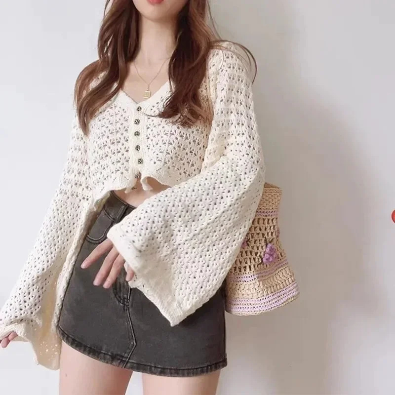 2025 Chic Korean Fashion Short Cardigans Knitted Poncho Women Summer Elegant Vintage Minimalist Lady Tops 250530
