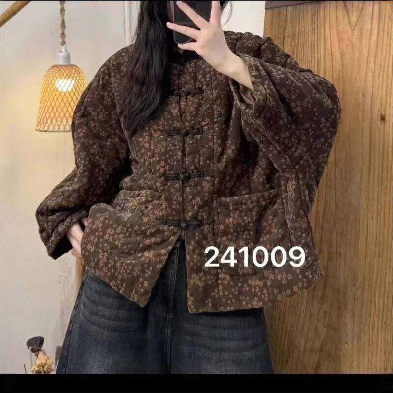 Johnature 2024 Woman Winter New Vintage Style Niche Print Batsleeves Buckle Long Sleeves Single Breasted Loose Parkas