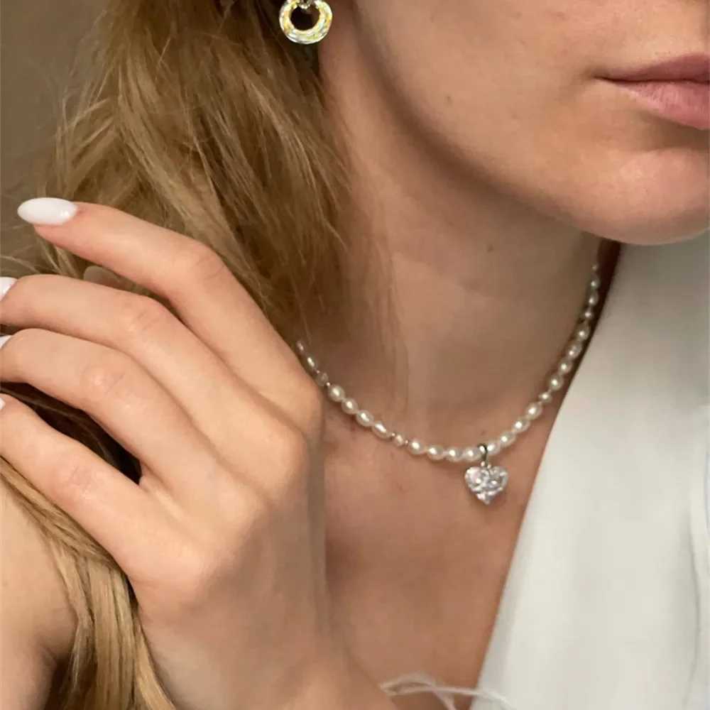 Boho Vintage Transparent Heart-shaped Crystal Pendant Necklace For Women Female Fashion Artificial Pearl Chain Choker Jewelry Y250605