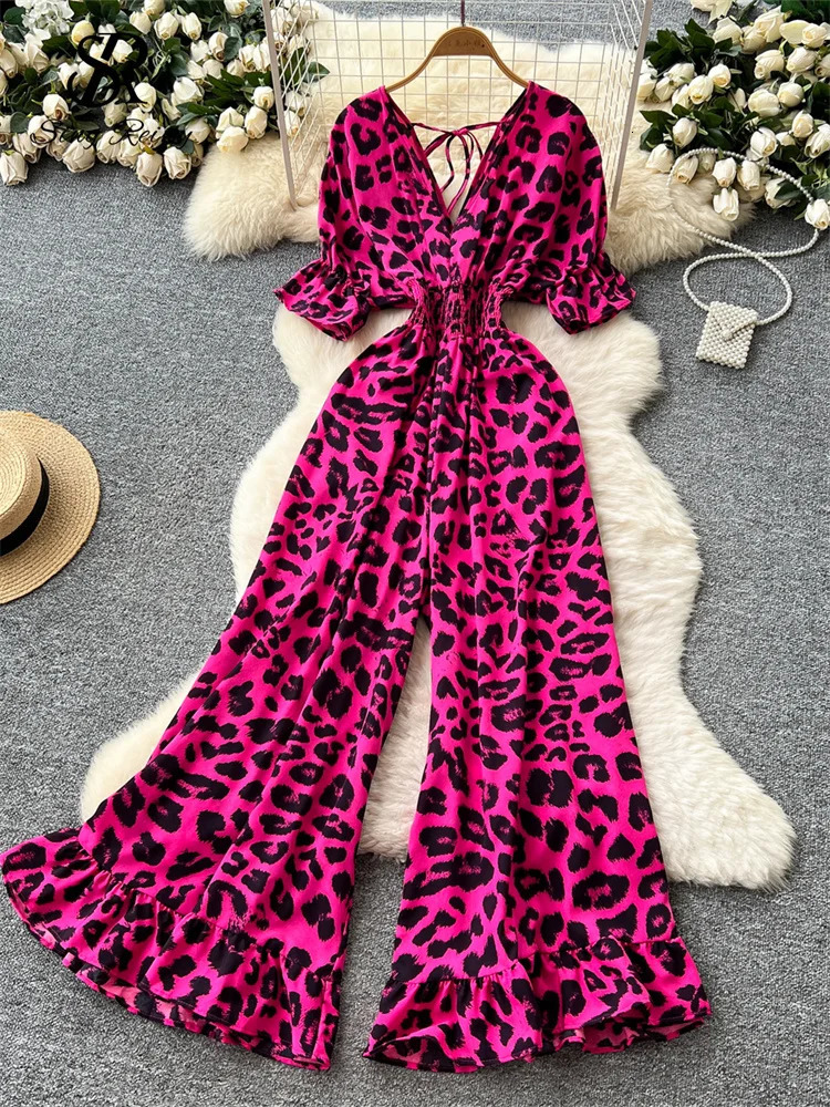 SINGREINY Summer Streetwear Jumpsuit Female V Neck Flared Sleeves Elastic Waist Slim Fit Fashion Leopard Print Long Rompers 250530