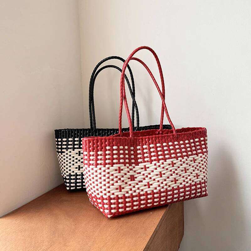 PVC Vegetable Basket Handbag Waterproof PE Picnic Plastic Woven Tote Shopping Bag Beach Handbags