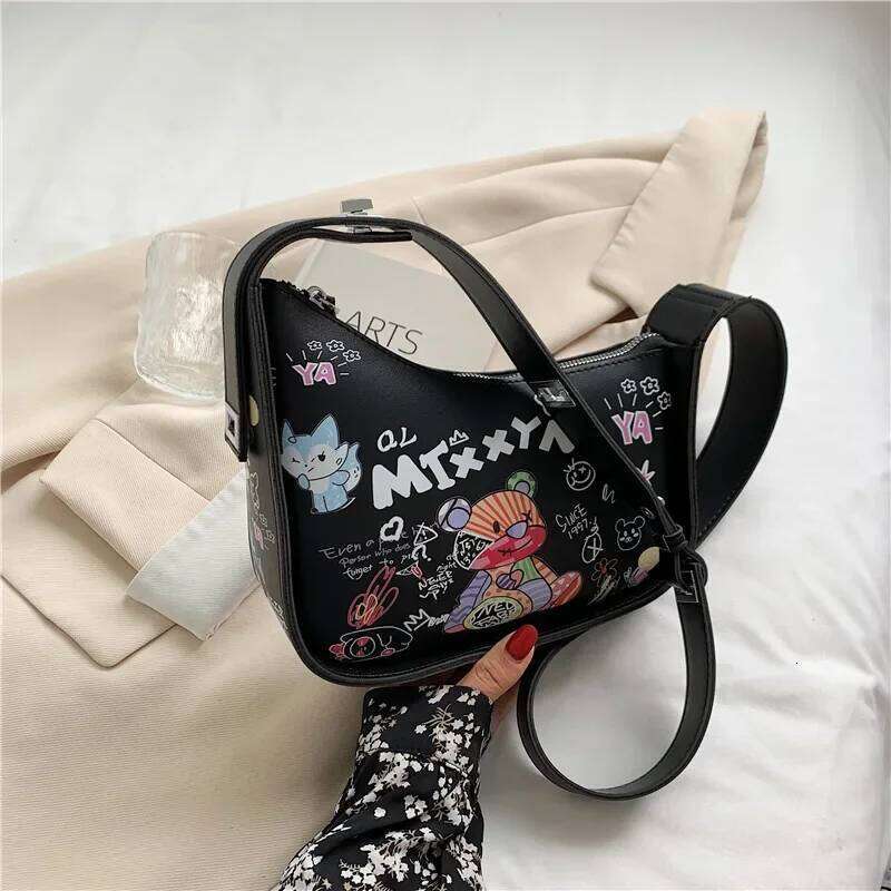 Simple Design Shoulder Woman Cartoon Graffiti PU Leather Crossbody Bag Fashion Trend Cute High Quality Famous Brand Handbag