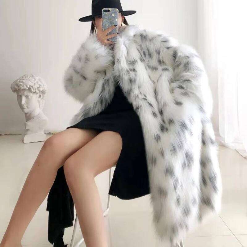 Women's Large Size Long Imitation Fox Fur Coat Warm Winter Black Dot Leopard Print Leather Windbreaker for Style And Comfort
