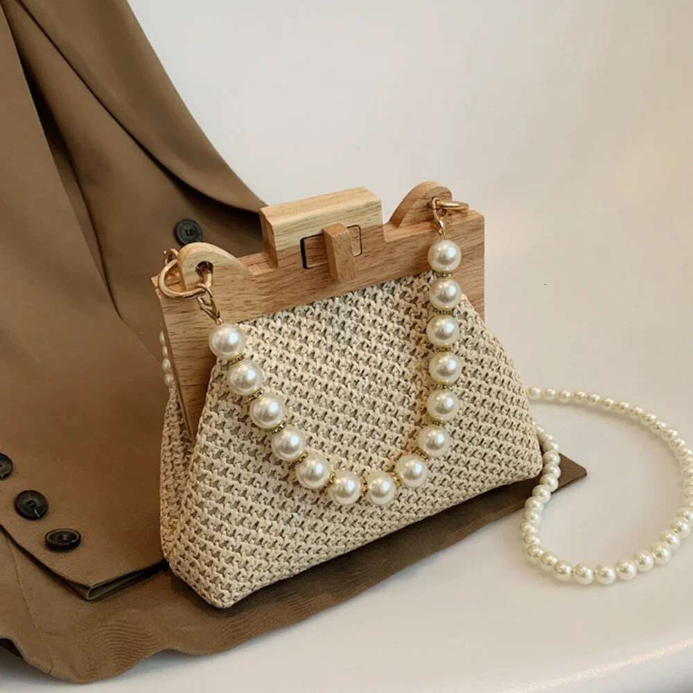 Summer Wooden Rattan Shoulder Brand Crossbody Nice Pearl Chain Straw Bag Hand-Woven Handbags Women 2025