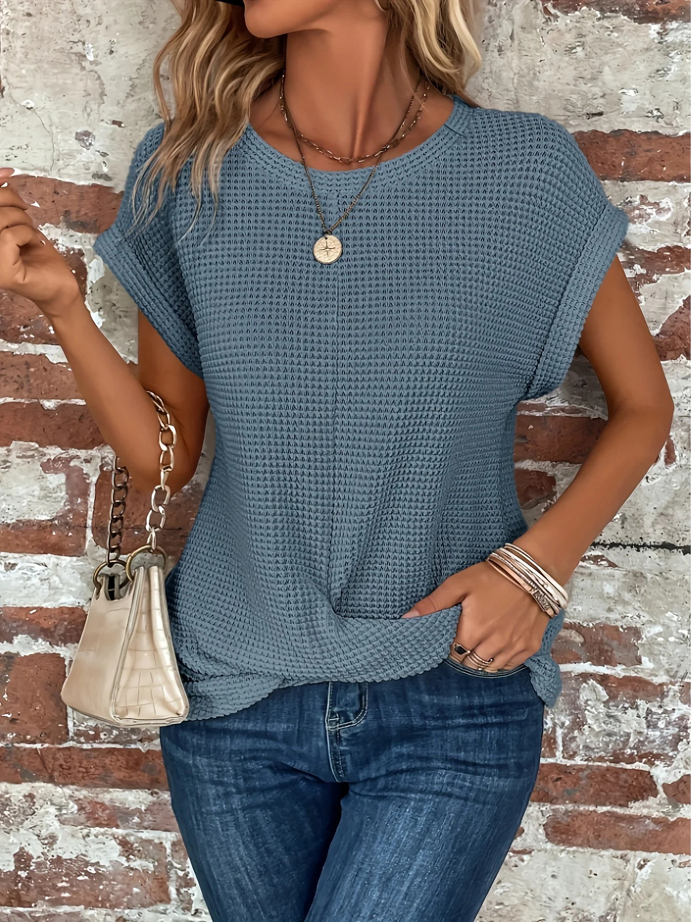 Summer Elegant Solid T shirts For Women Casual Fashion Crew Neck Knitted Tee Shirt Office Lady Basic Tops 250605