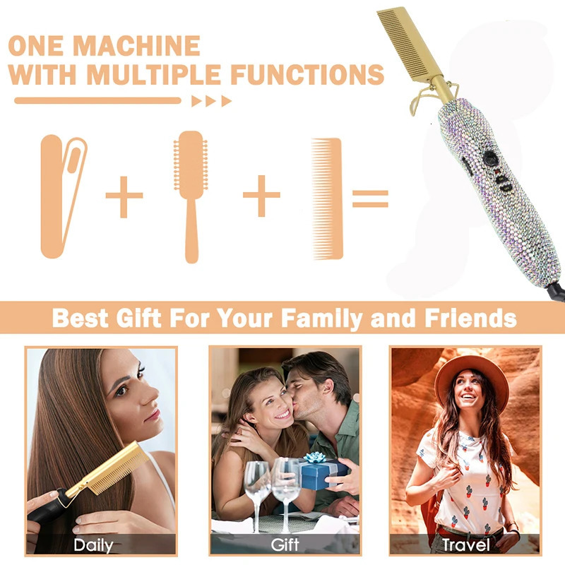 Electric Heating Comb Hair Straightening Rhinestone Comb Curling Iron Heated Brush Peigne Chauffant Cheveux Peigne chaud 250605