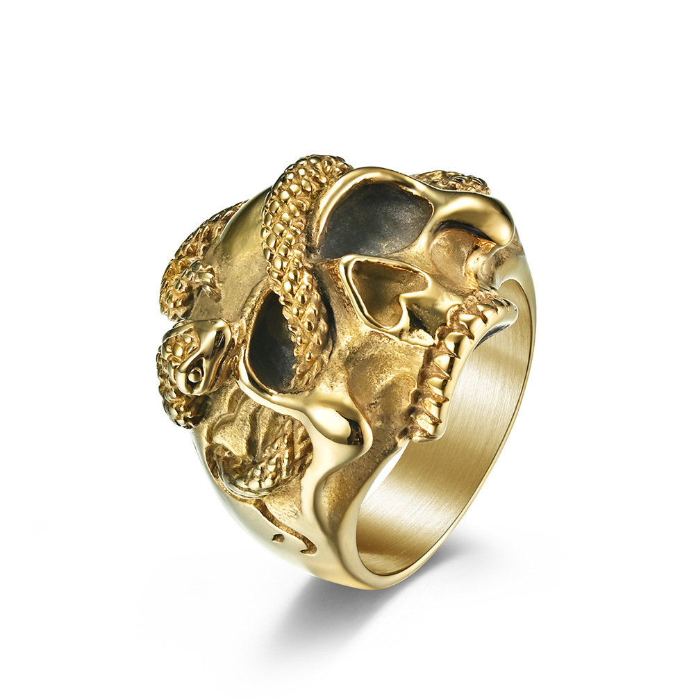Hip Hop Vintage Stainless Steel Casting Snake Skull Ring Gold Plated Men Jewelry