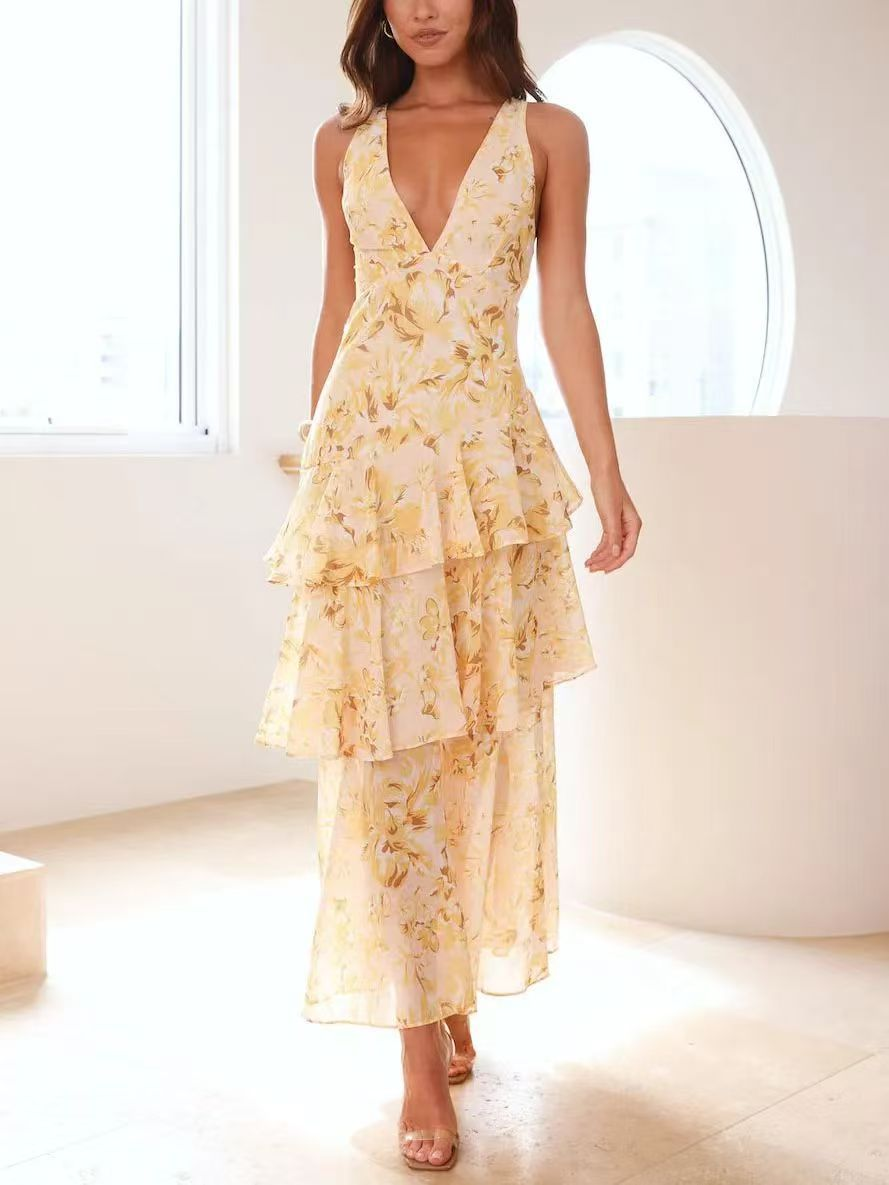 Sexy Tierred Ruffles Chiffon Prom Party Dresses For Women Floral Print A Line Maxi Dress Corset Back Sundress