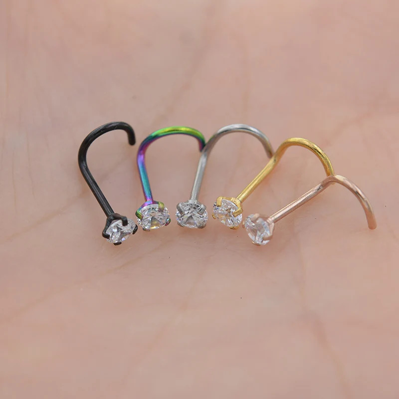 1Pc 1.5 2mm 2.5mm 20G Zircon Nose Stud Steptum Nose Studs Hooks Bar Pin Nose Rings Body Piercing Stainless Steel Jewellery 250605