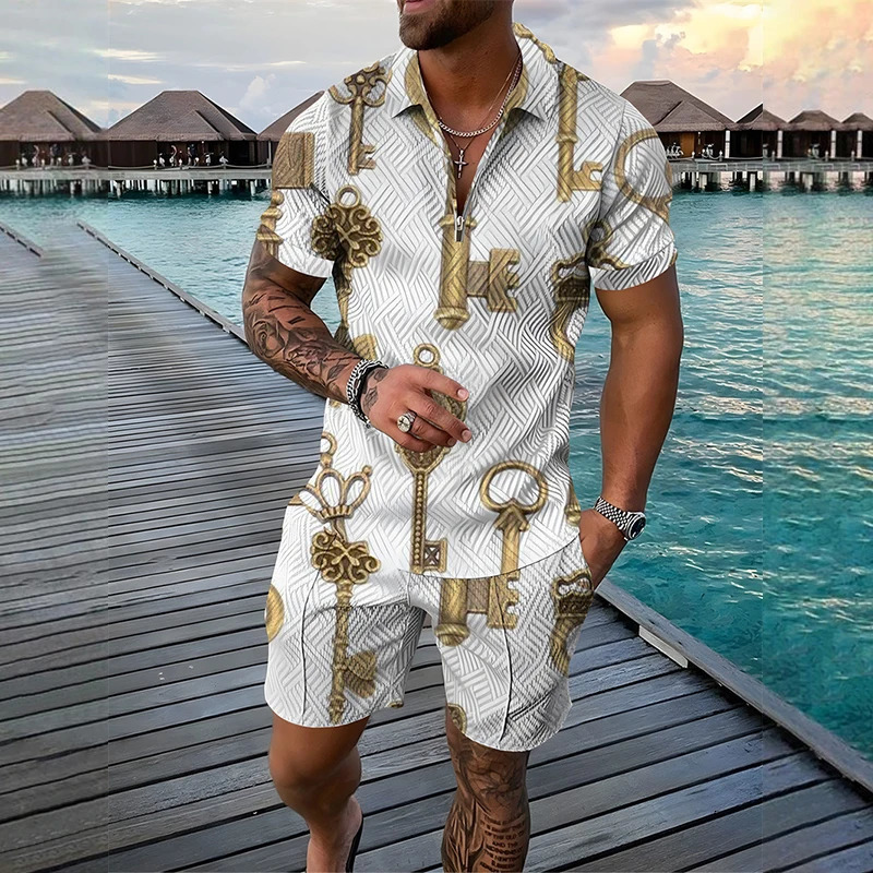 Funny 3D Print Mens Sets Fashion Polo ShirtShorts 2 Piece Outfit Fashion Zipper Short Sleeve Shirts Summer Hip Hop Streetwear 250605