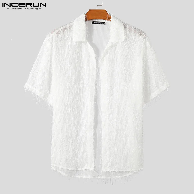 Men Shirt Tassel Chiffon Transparent Lapel Short Sleeve Sexy Men Clothing Summer Streetwear Party Fashion Camisas INCERUN 250605