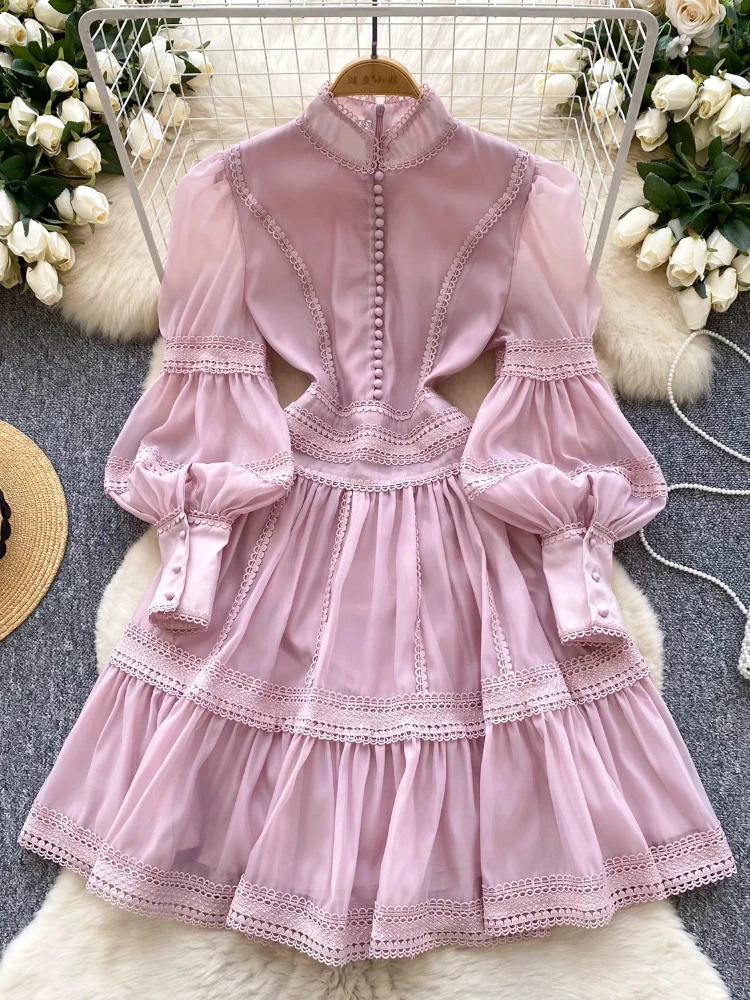 Short Dresses Shirt Women Spring Autumn Single Breasted Stand Collar Embroidered Crochet Formal Occasion Party Vestidos 250605