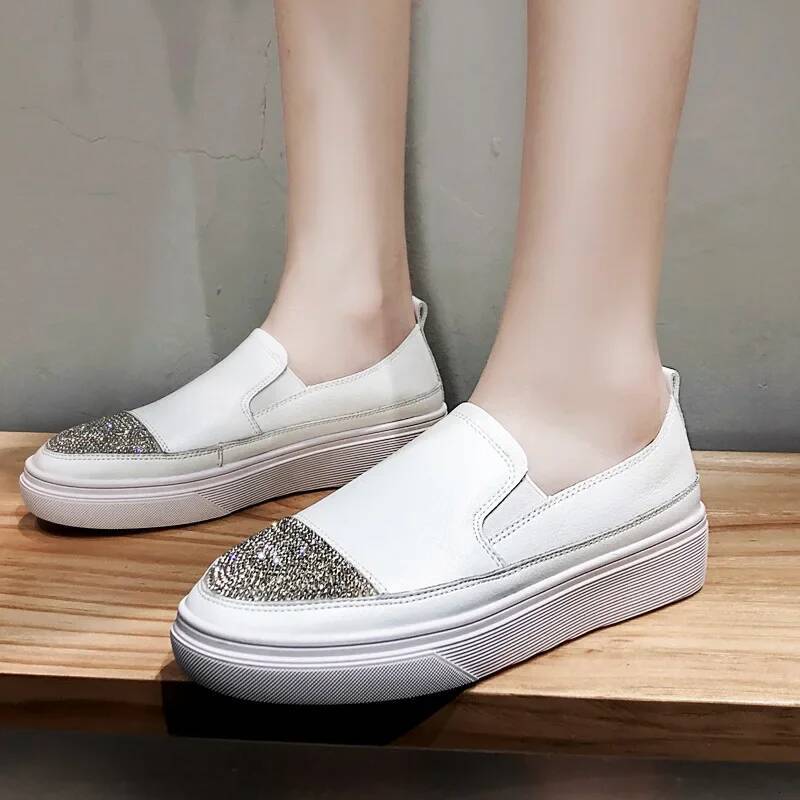 Ddmyoutdoor Genuine Leather White Rhinestone Sneakers Women Spring And Autumn Flat All Match Thick Bottom Walking Shoes Womendf Outdoor Shoes