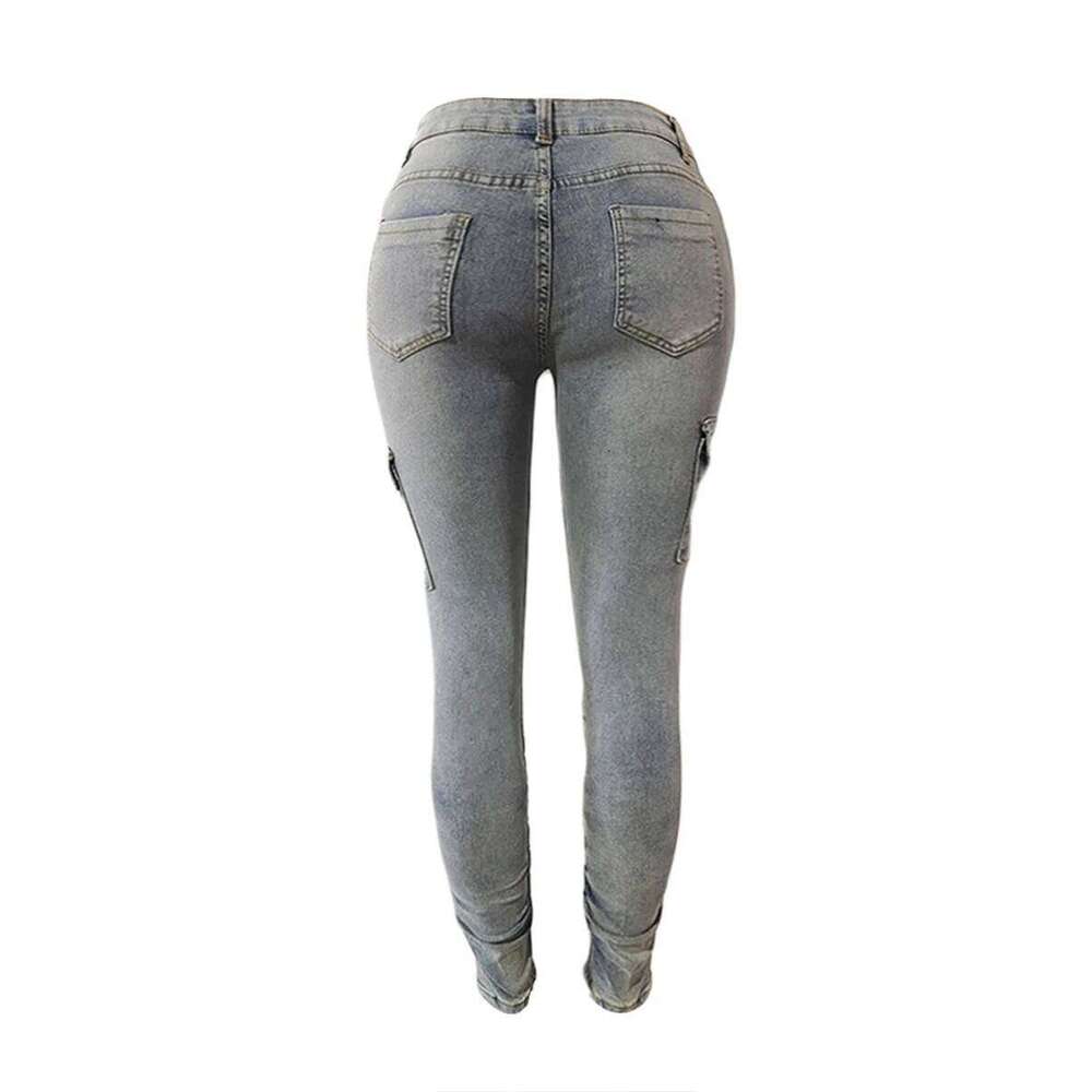 LW Plus Size High Waist Side Flap Pocket Cargo Women Zipper Ruched Design Jeans Causal Skinny Long Trouser